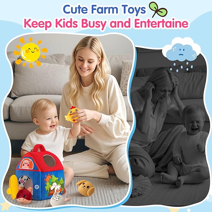 Barn with Stuffed Farm Animals, Montessori Toy for Babies